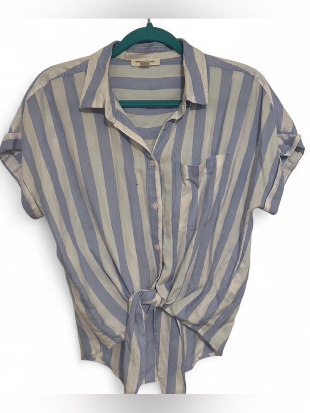 beachlunchlounge Blue and White Striped Tie-Front Button Shirt